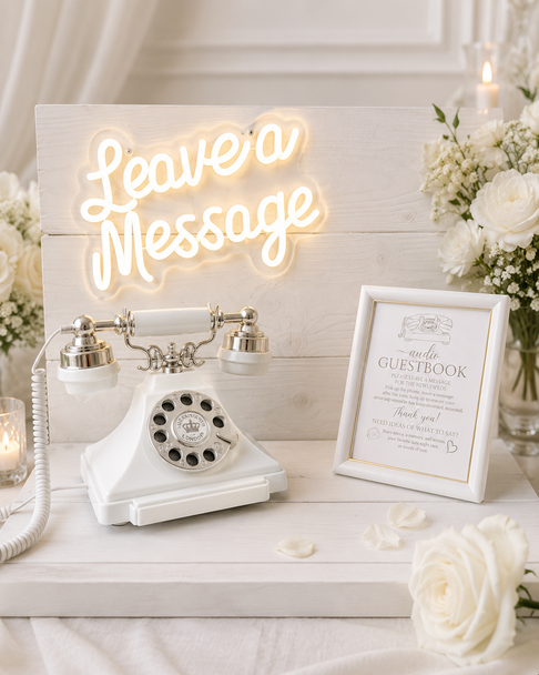 The audio guest book: a white vintage telephone on a styled table beneath a glowing Leave a Message sign, framed by white roses